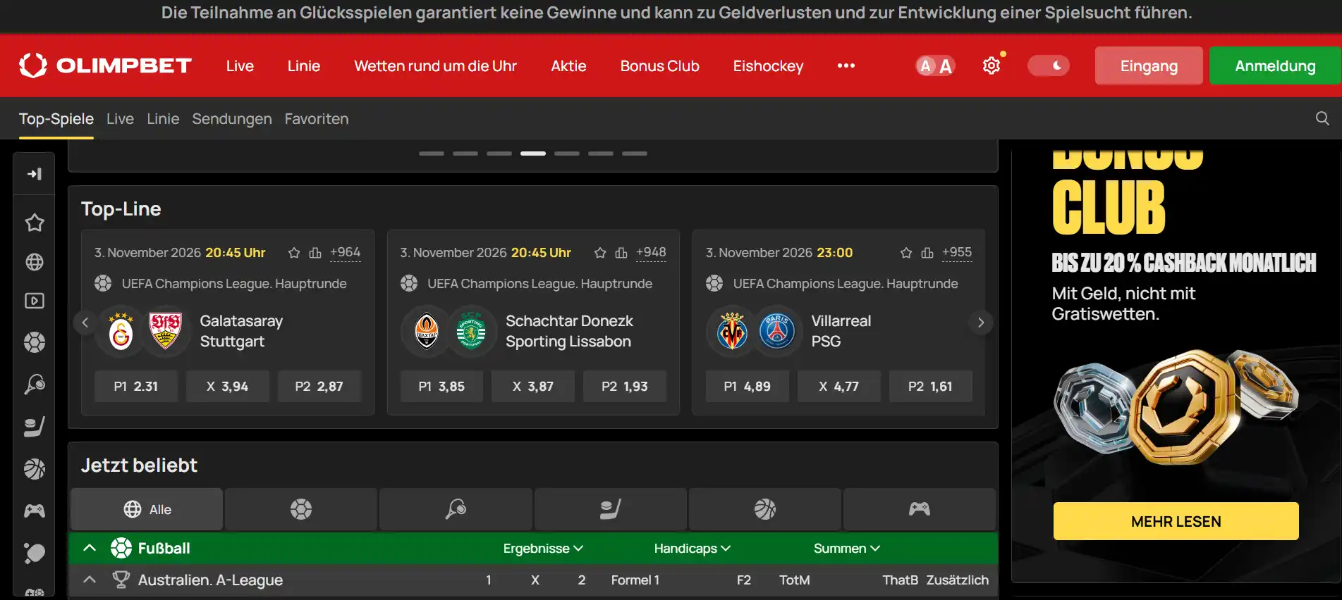Sportarten und Quotenfelder einer Wettübersicht von OLIMPBET