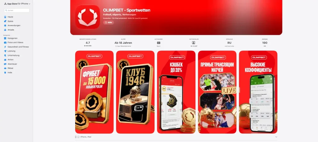App-Store-Seite der mobilen OLIMPBET-Anwendung mit Funktionsübersicht
