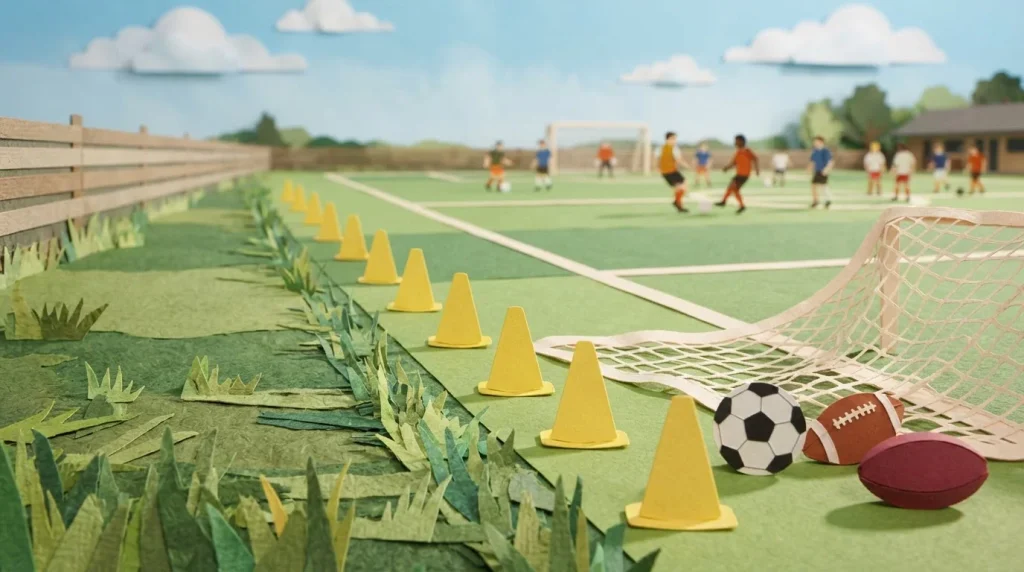 Trainingskegel, Sportbälle und Netze am Rand eines Spielfelds